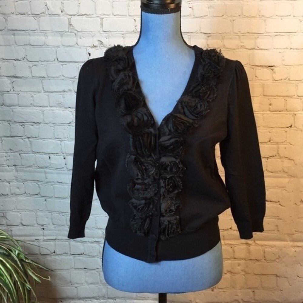 Style & Co Black Rosette Ruffle Detail Cardigan Sweater Medium
